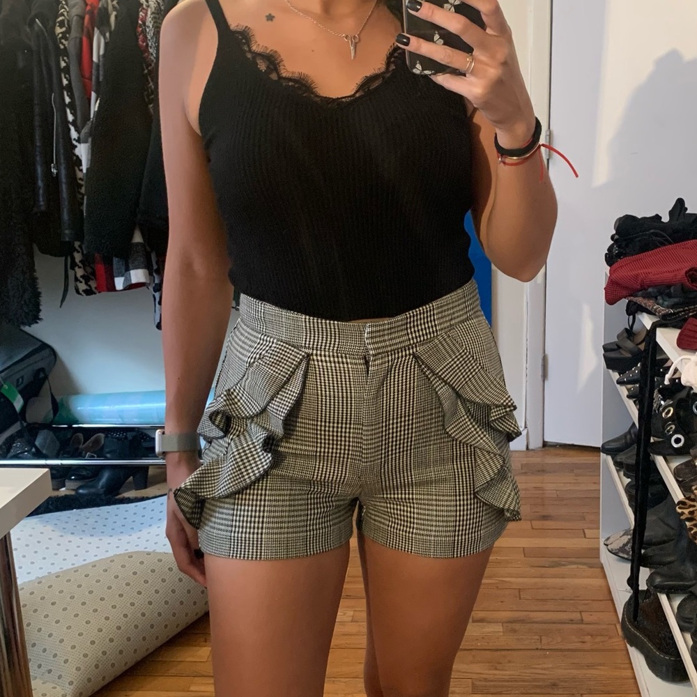 Zara Plaid High Waist Ruffle Pocket Shorts - Black, White